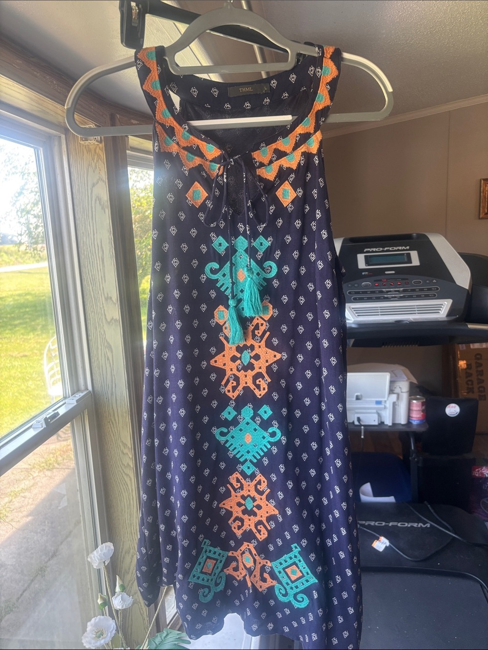 THML Navy Sleeveless Mini Dress with Orange & Teal Embroidery size large